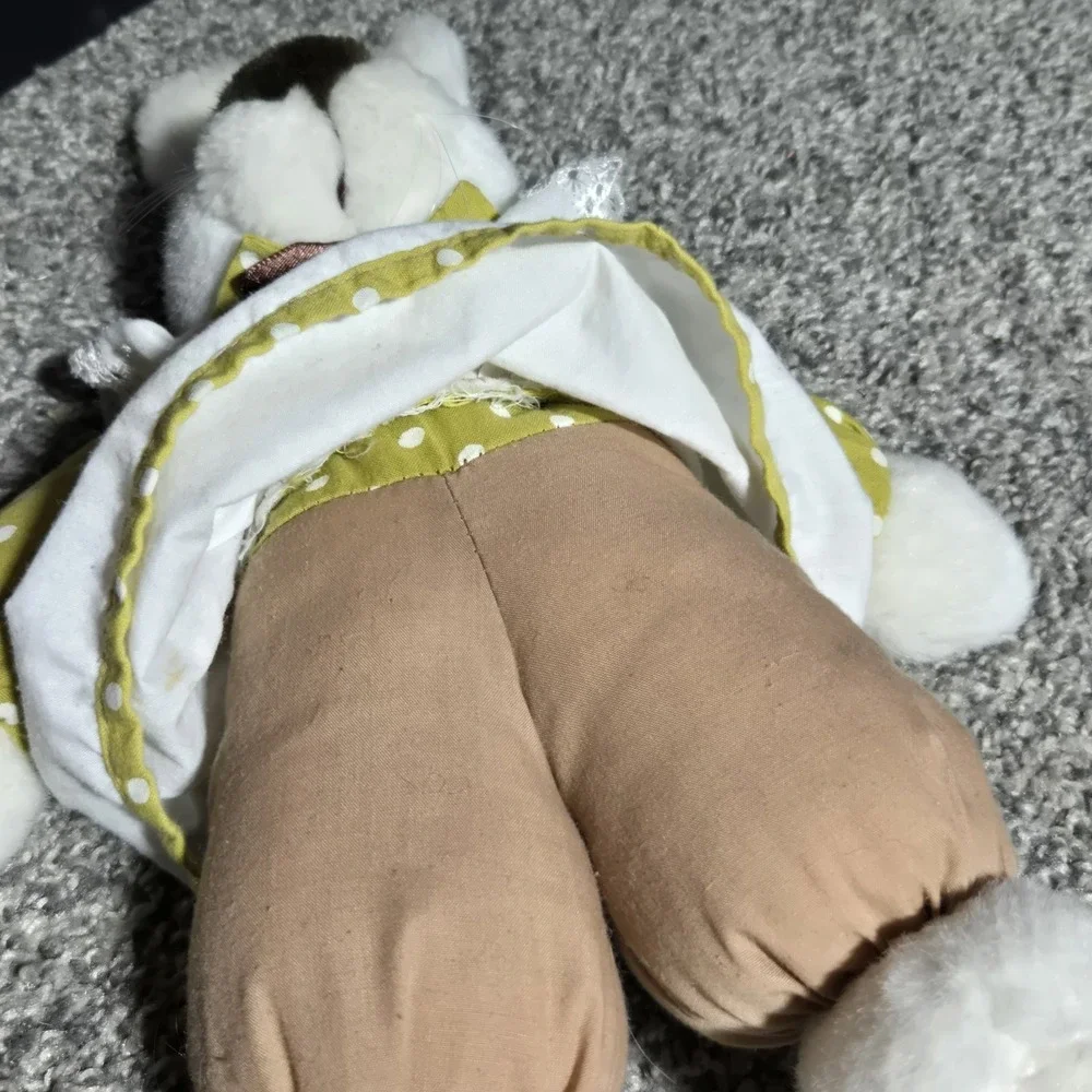 VINTAGE ACMI Rabbit Plush White Bunny Yellow Dress Polka Dots Cottagecore EASTER